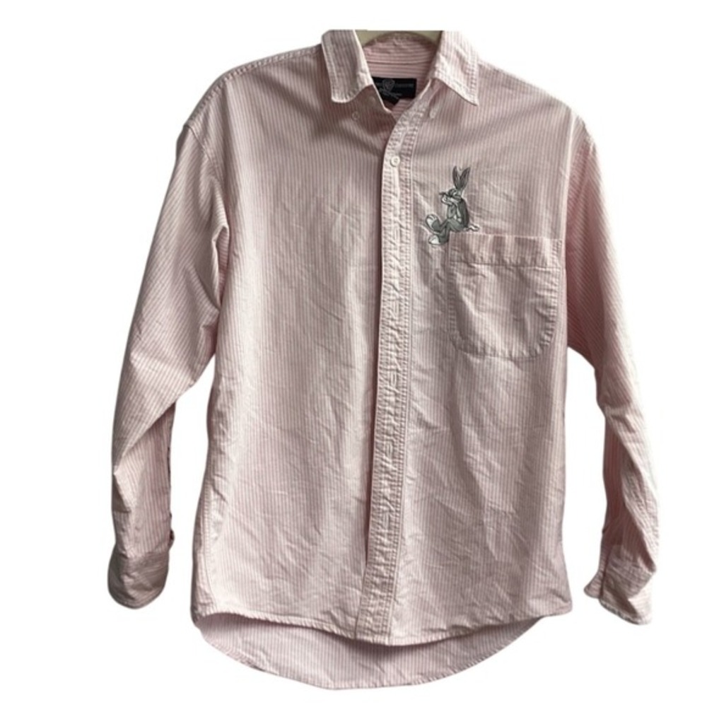 Warner Bros. Bugs Bunny Embroidered Striped Button-Up Shirt XS White‎ Pink